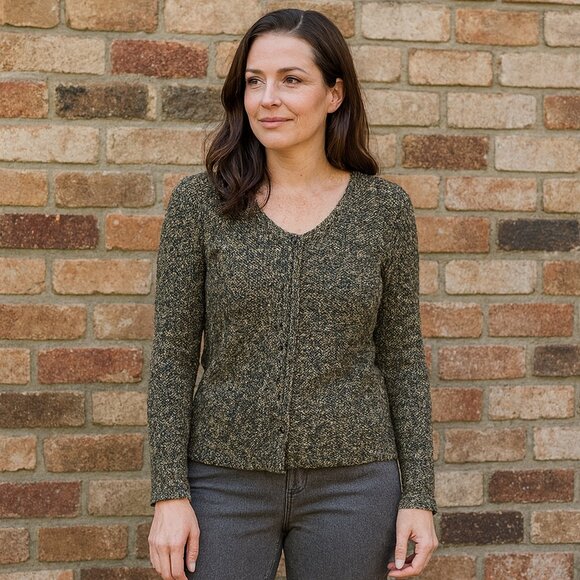 ERIC ALEXANDRE | Speckled Grey & Tan V-Neck Knit Sweater - Small 18 24 - Picture 2 of 7